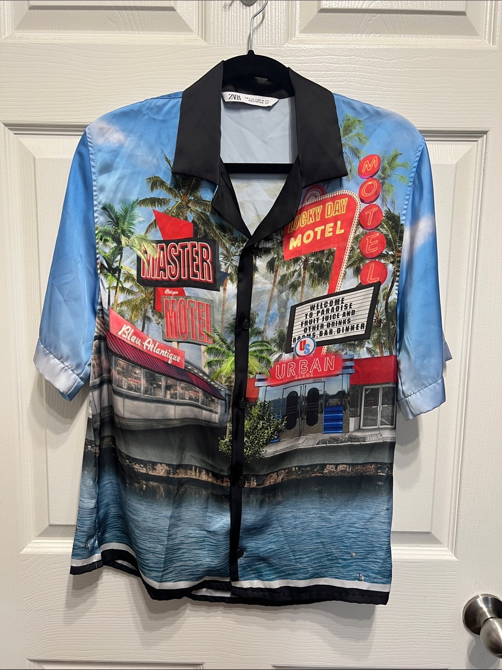 Zara Light Blue and Black Graphic Button-Down Shirt